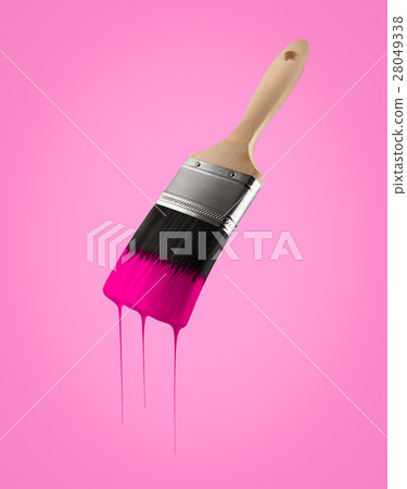 Paintbrush loaded with pink color dripping. Paintbrush loaded with pink color dripping. 28049338
