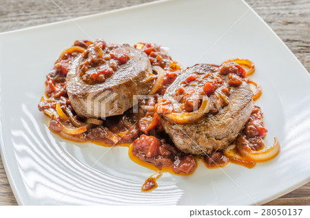 图库照片 angus beef steaks with roasted tomato sauce