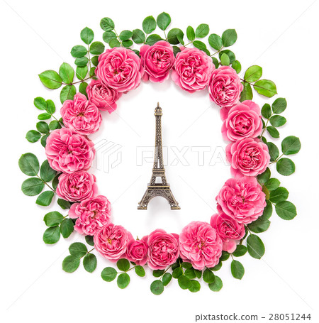 Pink rose flowers Eiffel tower Paris flat lay 28051244