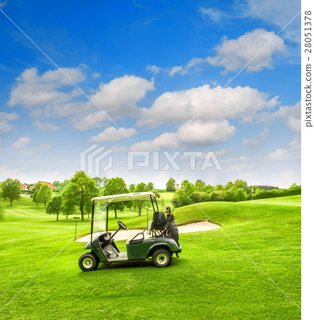 Golf cart Green course field blue sky Spring  28051378
