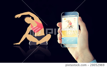 close up of hand with smartphone and sport app close up of hand with smartphone and sport app 28052969