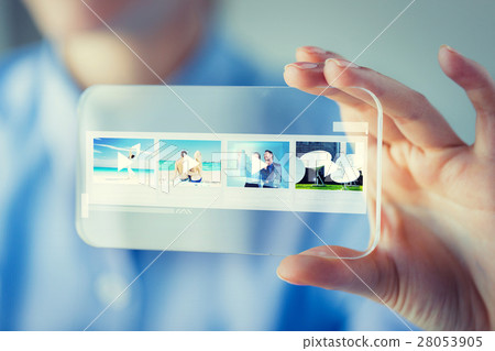 close up of woman with transparent smartphone close up of woman with transparent smartphone 28053905