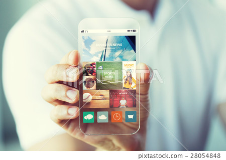 close up of male hand with news on smartphone close up of male hand with news on smartphone 28054848