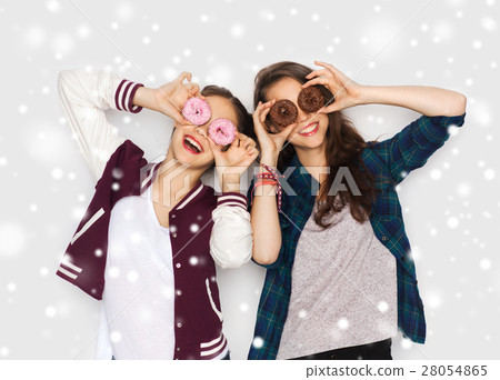 happy pretty teenage girls with donuts having fun happy pretty teenage girls with donuts having fun 28054865