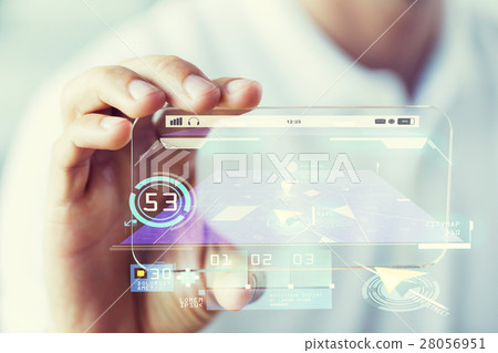 close up of male hand showing smartphone and map 28056951