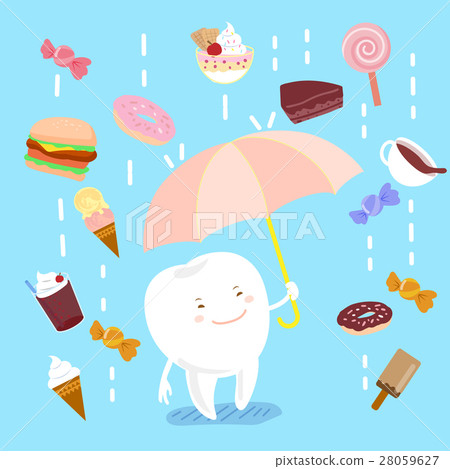 cartoon teeth holding umbrella 28059627