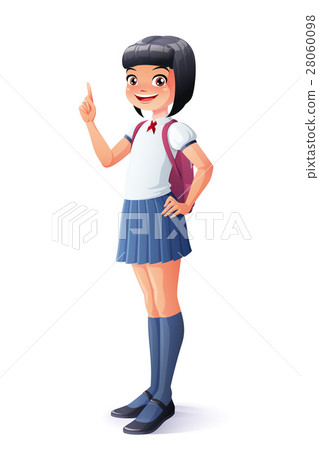 Vector cute Asian school girl finger pointing up. - Stock Illustration ...