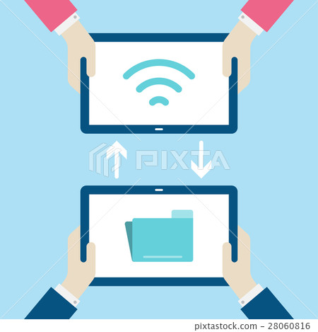 Hands holding tablet with icon on screen. Hands holding tablet with icon on screen. 28060816