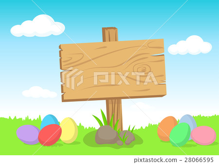Wooden sign and colorful Easter eggs 28066595