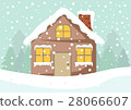 Cute cottage house on winter and snow background 28066607