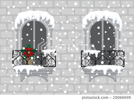 Windows with red Christmas flower and falling snow Windows with red Christmas flower and falling snow 28066699