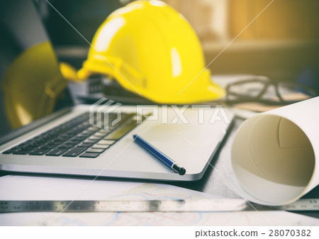construction office desk with computer and tools construction office desk with computer and tools 28070382