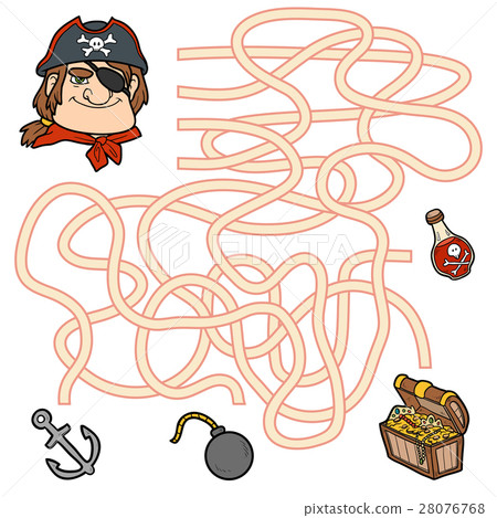 圖庫插圖: maze game for children. pirate and treasure chest