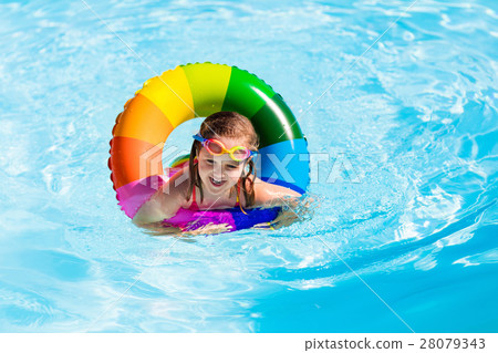 Little girl with toy ring in swimming pool Little girl with toy ring in swimming pool 28079343