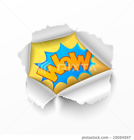 Torn hole in sheet of paper with retro wow-sign 28084897