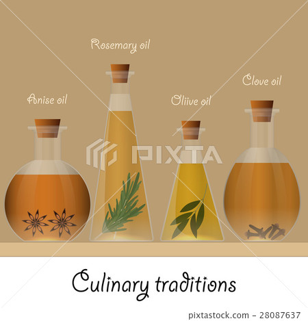 Bottles of anise, olive, rosemary and clove oil 28087637