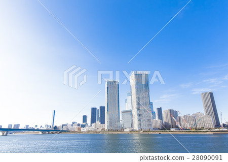 Tower apartment group along the river and blue sky 28090091