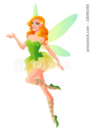 Flying and presenting fairy with wings in green 28098360