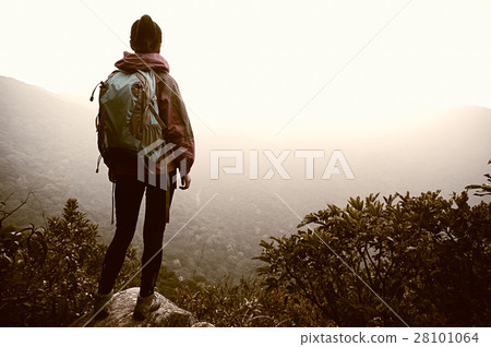 successful hiker observing on mountain peak rock successful hiker observing on mountain peak rock 28101064