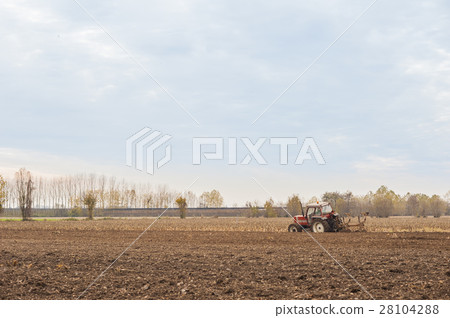 Red Tractor Plowing in Autumn 28104288