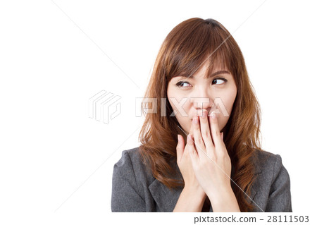 business woman covering her mouth, looking up business woman covering her mouth, looking up 28111503