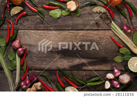 spices with ingredients on wood background spices with ingredients on wood background 28111838