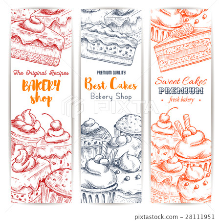 Bakery shop sweets and desserts sketch banners set Bakery shop sweets and desserts sketch banners set 28111951