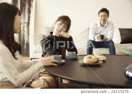Tower apartment Men and women enjoying tea and chatting 28115276