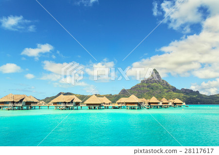 Otemanu mountain and bungalow at Bora Bora island 28117617