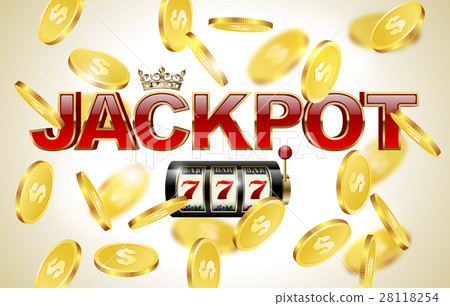 Red jackpot text, slot machine and falling coins  28118254
