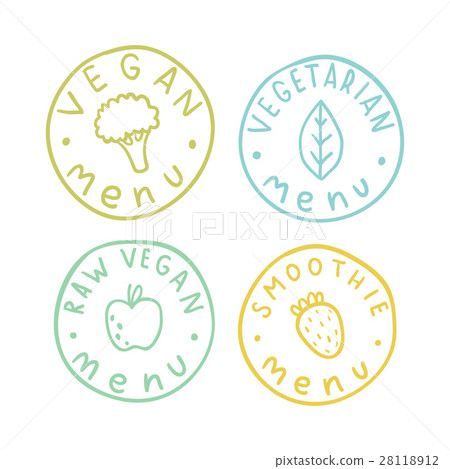 Vegan, vegetarian, raw, smoothie menu badges. 28118912