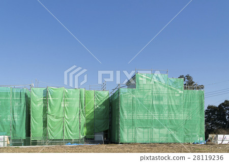 住宅獨立式住宅建築工地形象足跡藍色木板木2層建築工地藍天復制空間 28119236