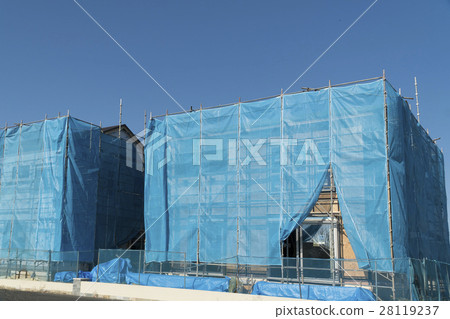 住宅獨立式住宅建築工地形象足跡藍色木板木2層建築工地藍天復制空間 28119237