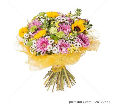 Bouquet of flowers top view on white background 28122357