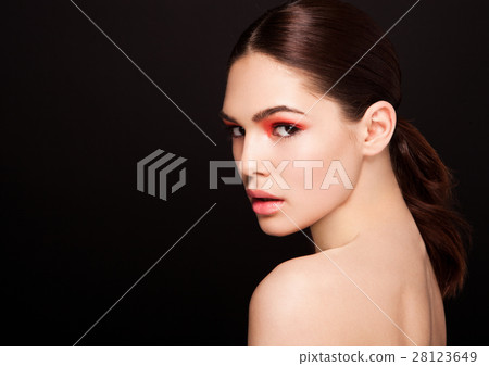 Beauty red eyes and lips makeup fashion model 28123649