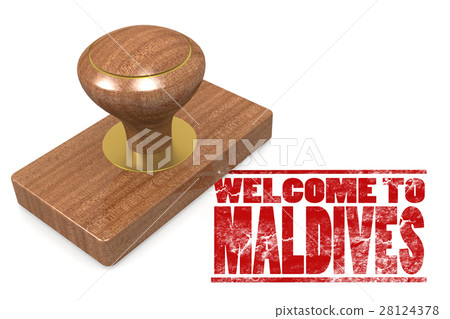 Red rubber stamp with welcome to Maldives 28124378