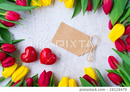 bouquet of yellow, purple and red tulips 28128479