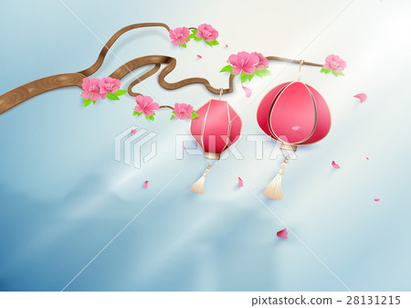 hinese lanterns hanging on floral branch peonies 28131215