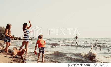 Kids and mother on beach have fun with swan. Kids and mother on beach have fun with swan. 28132536
