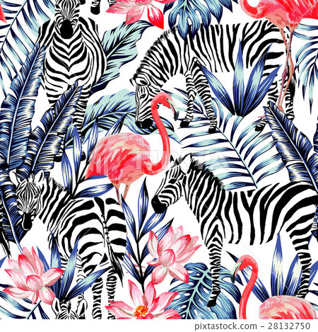 pink flamingo, zebra and blue palm leaves seamless 28132750