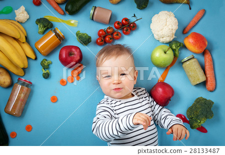 Baby surrounded with fruits and vegetables Baby surrounded with fruits and vegetables 28133487
