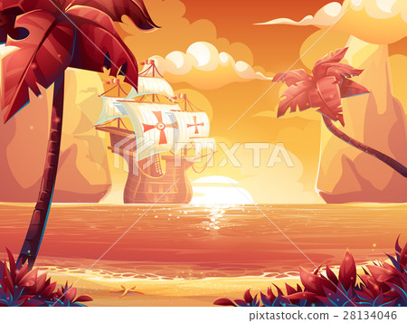 Galleon with crimson sun, sunrise or sunset on sea 28134046