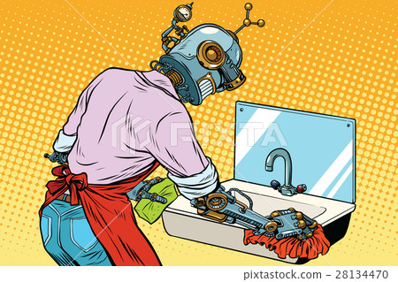 Home cleaning washing kitchen sinks, robot works Home cleaning washing kitchen sinks, robot works 28134470