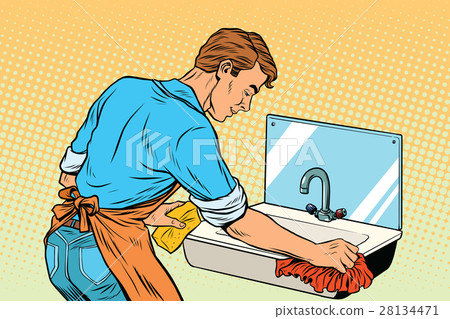 Home cleaning washing kitchen sinks, man works Home cleaning washing kitchen sinks, man works 28134471