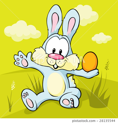 插圖素材: easter bunny sitting on green grass holding egg