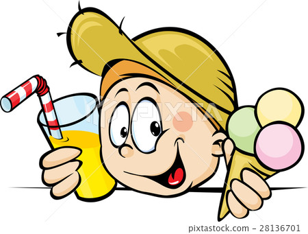boy with ice cream and juice peeking from behind 28136701