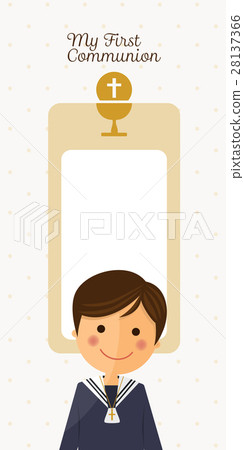 First communion child foreground on vertical card 28137366