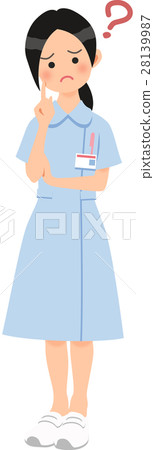 A woman wearing a blue nurse dress with his neck drawn A woman wearing a blue nurse dress with his neck drawn 28139987