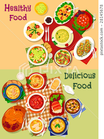 Russian cuisine soup and fresh salad icon set 28145678