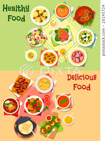 Dinner dishes with healthy dessert icon set 28145724